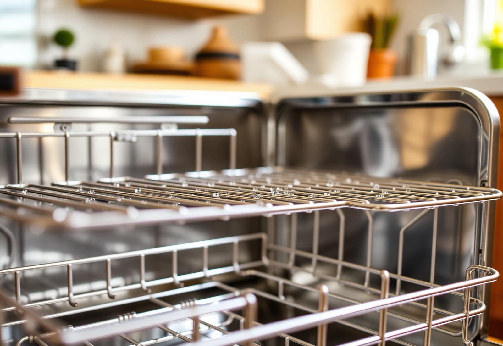 Freshly cleaned stainless steel dishwasher interior with spotless racks